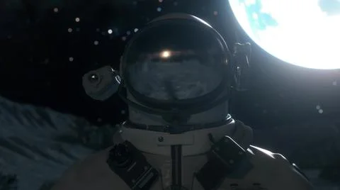 Astronaut walks on surface of the planet. Closeup view of space suit helmet.  Stock Photos