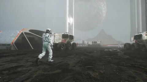 Astronaut Walks on the Surface of a Planet with a view of Space Colonization Stock Footage 281605123