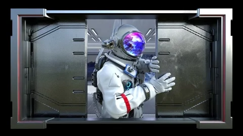 Astronaut Waving Breaking Through Screen 3D Naked-Eye Space Capsule Background Stock Footage 331851882