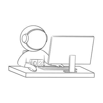 Astronaut is working at the computer for coloring Stock Illustration