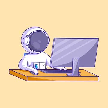 Astronaut is working at the computer Stock Illustration