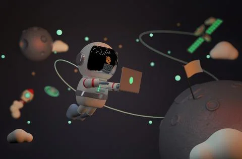 Astronaut Working On Laptop in zero gravity space 3d rendering Stock Illustration