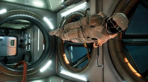 An astronaut in zero gravity checks the module of his spaceship. 3D Rendering. Stock Illustration