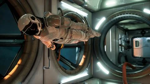 An astronaut in zero gravity checks the module of his spaceship. 3D Rendering. Stock Illustration