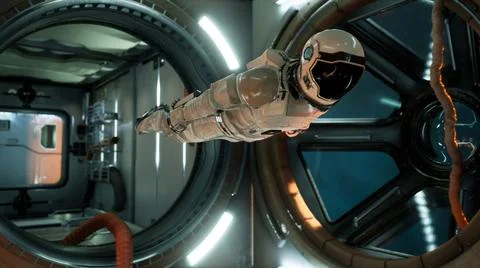 An astronaut in zero gravity checks the module of his spaceship. 3D Rendering. Stock Illustration