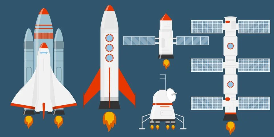 Astronautics and space technology set. Rocket Set. A collection of different Stock Illustration