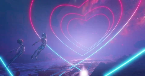 Astronauts on alien planet floating in weightless environment with hearts Video stock 148667346