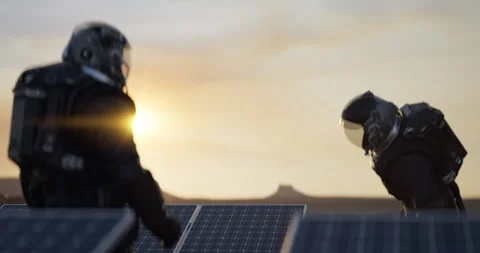 Astronauts and solar panels and survival equipment Stock Footage 328046969