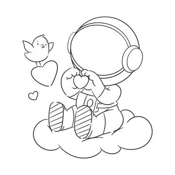 Astronauts are in the clouds and share their love with birds for coloring Stock Illustration