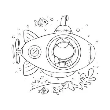 Astronauts are under the sea using a submarine for coloring Stock Illustration