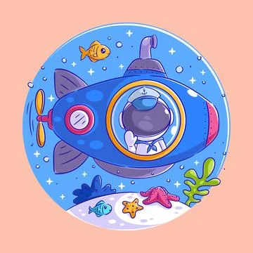 Astronauts are under the sea using a submarine Stock Illustration