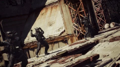 Astronauts Breakdancing Amid Sci-Fi Urban Ruins Stock Footage 151956005