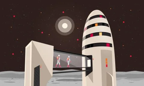 Astronauts entering space rocket on moon launchpad Stock Illustration