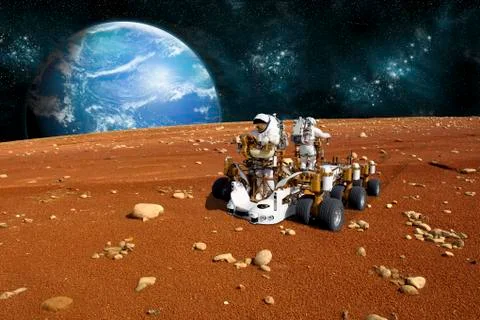 Astronauts explore a barren moon on a rover. Stock Illustration