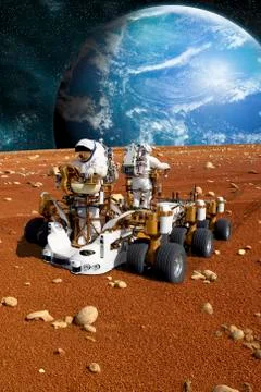 Astronauts explore a barren moon on a rover. Stock Illustration