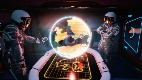 Astronauts explore the planet using its hologram in the spacecraft's control Video stock 205834492