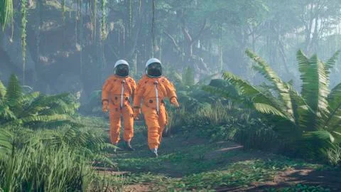 Astronauts explore an unknown blooming green planet. 3D Rendering. Stock Illustration