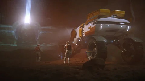 Astronauts Exploring Alien Cave with Futuristic Rover Stock Footage 319463042