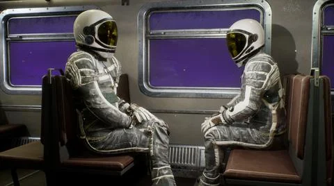 Astronauts fly on a space train through the universe at breakneck speed. A space Stock Illustration