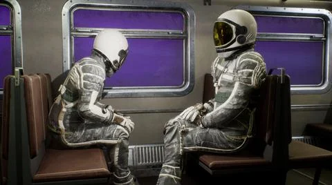 Astronauts fly on a space train through the universe at breakneck speed. A space Stock Illustration