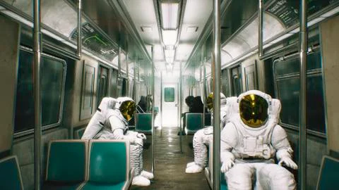 Astronauts go to work in the train. Abstract cosmic fantasy. 3D Rendering Stock Illustration