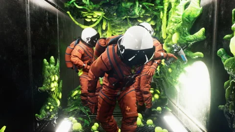 The astronauts inspect the airlock of their spacecraft captured by alien Stock Footage 239673408