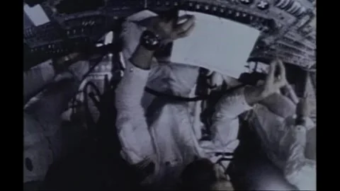 Astronauts John Young, Eugene Cernan Thomas Stafford aboard Apollo 10 spacecraft Stock Footage 270937619