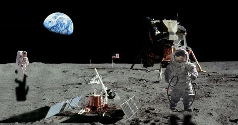 Astronauts Jump Roping and Leaping on Moon by Landing Craft For Fun Stock Footage 76378376