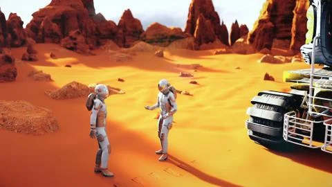 Astronauts on a Mars arguing after the planet exploration. Stock Illustration
