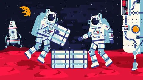 Astronauts on Mars surface unload cargo. Stock-Illustration