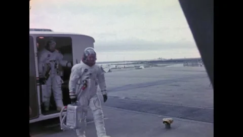 Astronauts Michael Collins, Neil Armstrong and Buzz Aldrin arrive at launch site Video stock 269506589