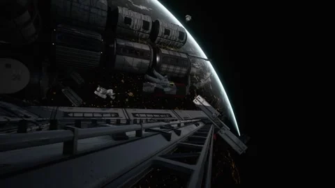 Astronauts move freely and float in the orbital station Stock Footage 260714189
