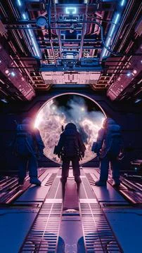 Astronauts observing alien planet from spaceship window. 3d render Stock Illustration