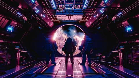 Astronauts observing nebula from spaceship window: futuristic space exploration Stock Illustration
