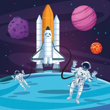 Astronauts out of the rocket planets moon space exploration Stock Illustration