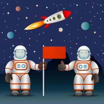 Astronauts on the planet s surface a flag. Space and Astronautics. The rocket Stock Illustration