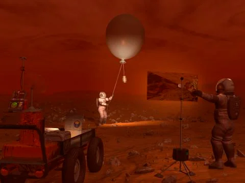 Astronauts release a weather balloon on the surface of Titan. Illustrazione stock