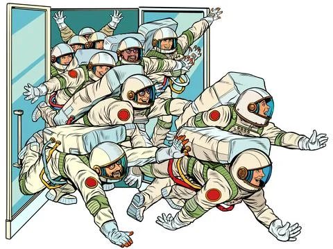 Astronauts run out of the spacecraft. Mastering the stars Stock Illustration
