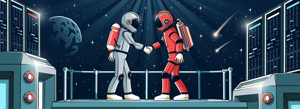 Astronauts Shaking Hands on Space Station Stock Illustration