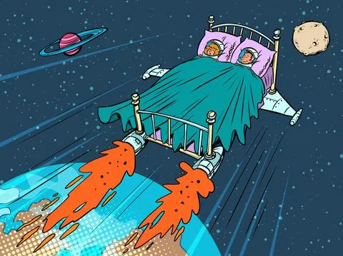 Astronauts sleep in a rocket bed. Conquering other planets Stock Illustration