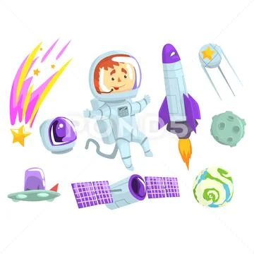 Astronauts In Space, Set For Label Design. Cosmos Exploration Colorful Cartoon