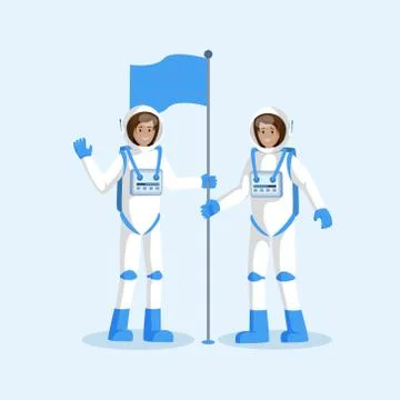 Astronauts team placing flag flat illustration. Female smiling cosmonauts Stock Illustration