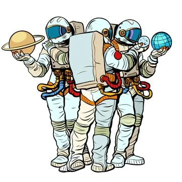 Astronauts view and explore the planets of the solar system. Earth and Saturn Illustrazione stock