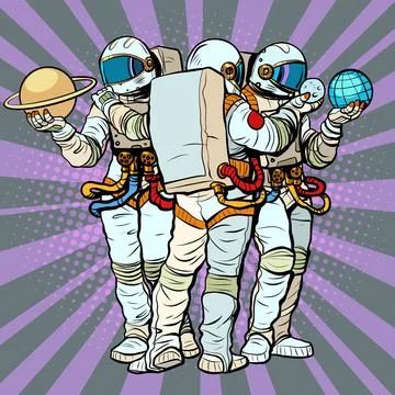 Astronauts view and explore the planets of the solar system. Earth and Saturn Illustrazione stock