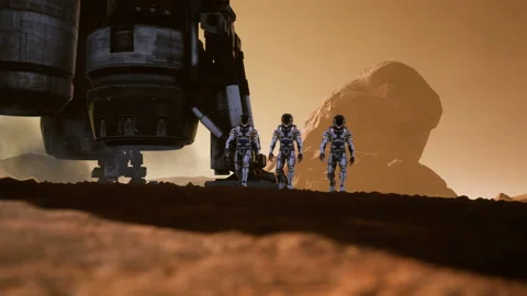 Astronauts walk on the surface of Mars after landing in a rocket. Panoramic Stock Footage 104954089