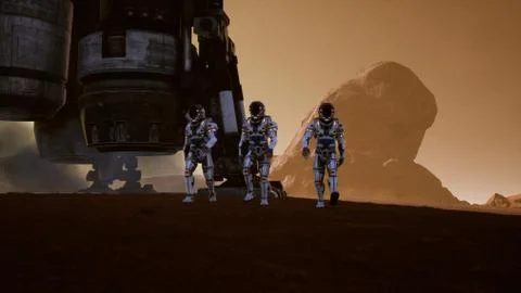 Astronauts walk on the surface of Mars after landing in a rocket. Panoramic Stock Illustration