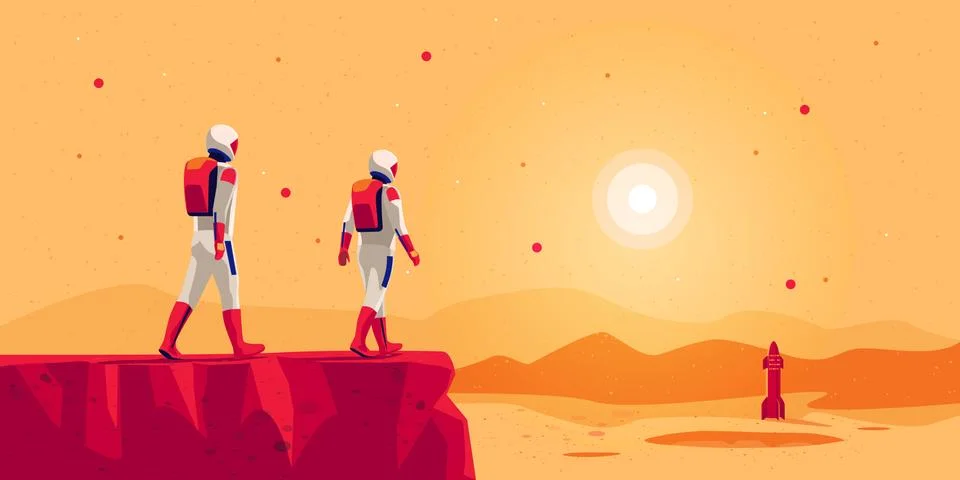 Astronauts walking on mars surface with space starship rocket Stock Illustration