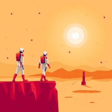 Astronauts walking on mars surface with space starship rocket Stock Illustration