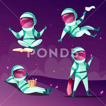 Astronauts in weightlessness zero gravity planet vector cartoon illustration Stock Illustration