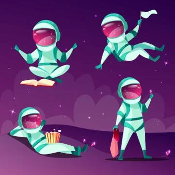 Astronauts in weightlessness zero gravity planet vector cartoon illustration Stock Illustration